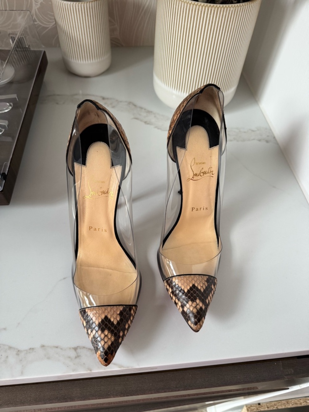 Christian Louboutin 120 debout python lucido/PVC clear pump heels.